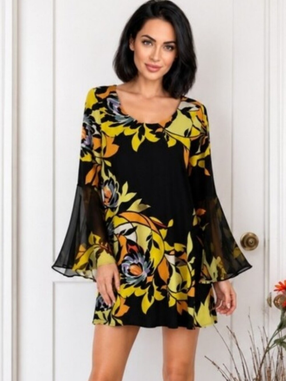 Wallis | Black Gold Floral Mini Dress | Open Bell Sleeve | Stretch Dress